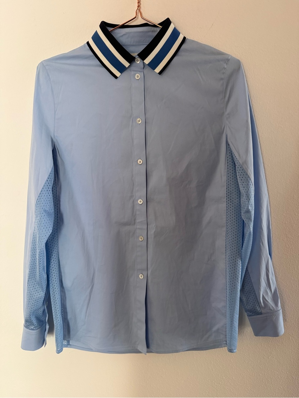 Tory Sport Button Front Golf Shirt Blue Mesh Panel Preppy Long Sleeve Sz S